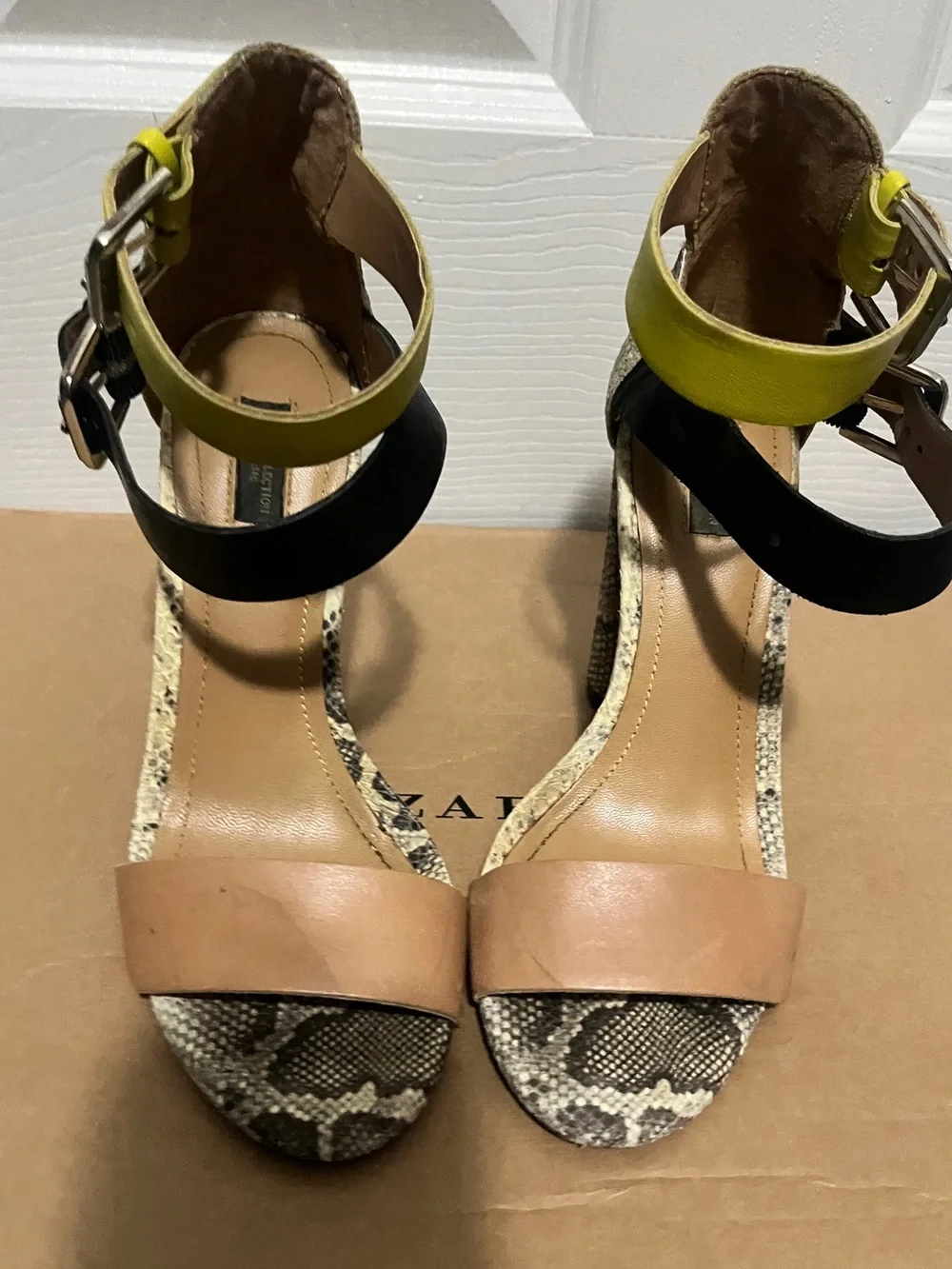 Zara Multicolor Leather & Snake-Print Ankle Strap Sandals Heels - Picture 2 of 9